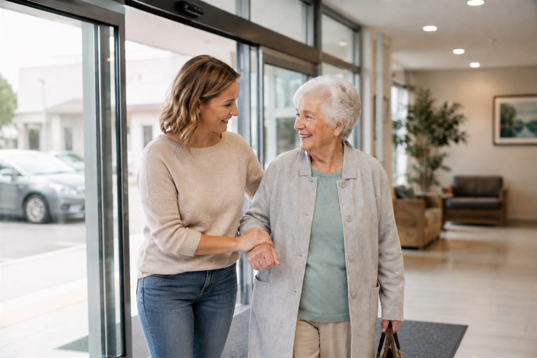 Alltagsbegleiterin begleitet eine Seniorin liebevoll am Arm