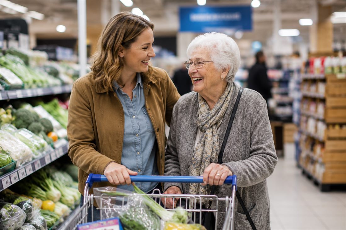 Begleiterin und Seniorin beim gemeinsamen Einkauf im Supermarkt